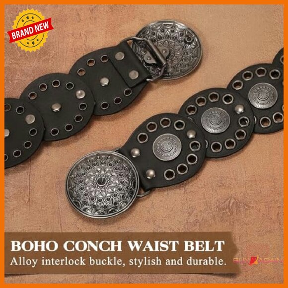 Vintage Western Disc Belt Adjustable PU Leather Boho Style S/M/L